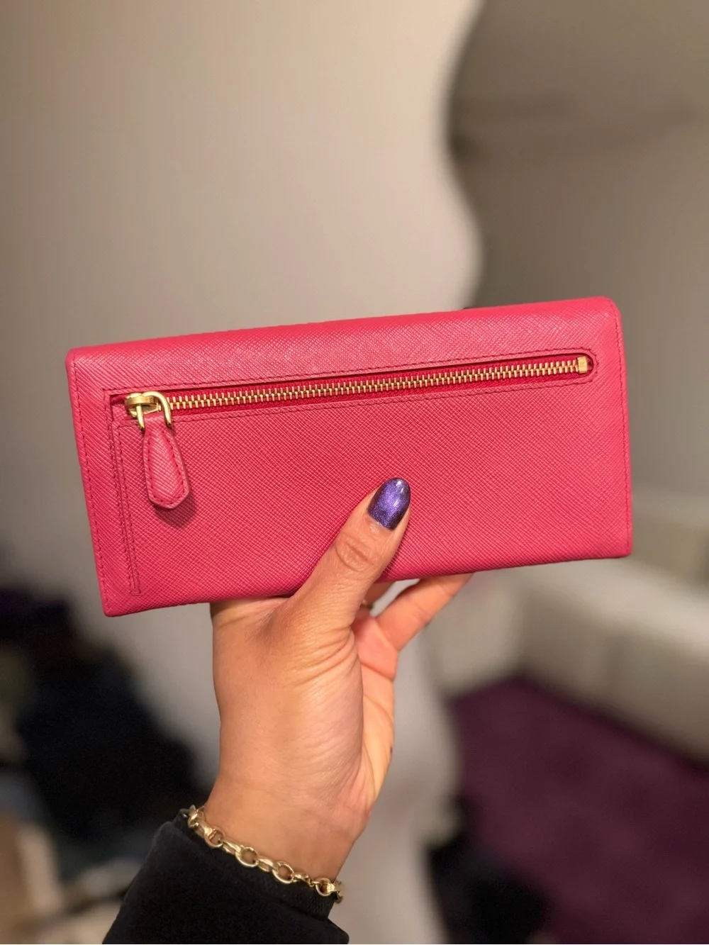Prada Pink Saffiano Leather Continental Long Wallet Gold Logo Bifold